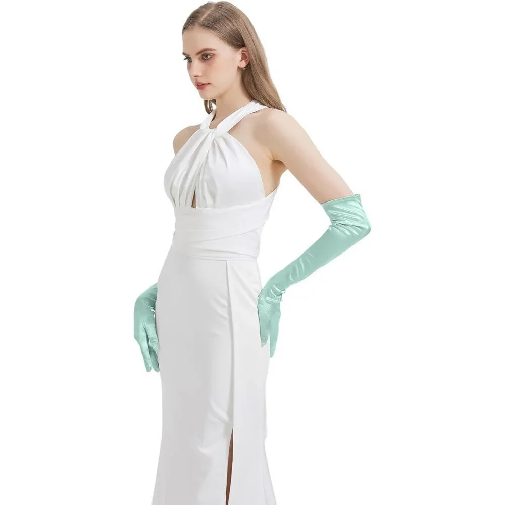 Women Light Aqua Long Imported Satin Elbow Length Halloween Cosplay Opera Gloves